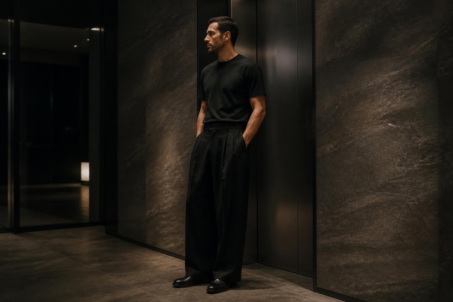 Man in the 001 Wide Trouser waiting alone in a dark stone hotel lobby