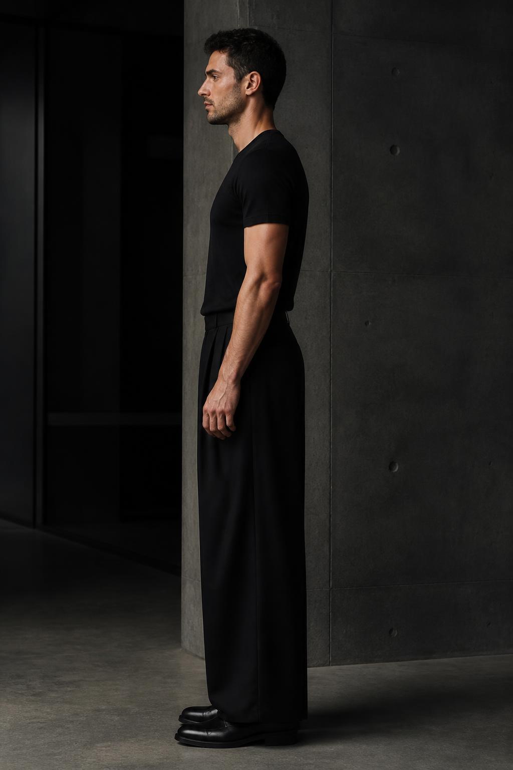Side profile of the 001 Wide Trouser