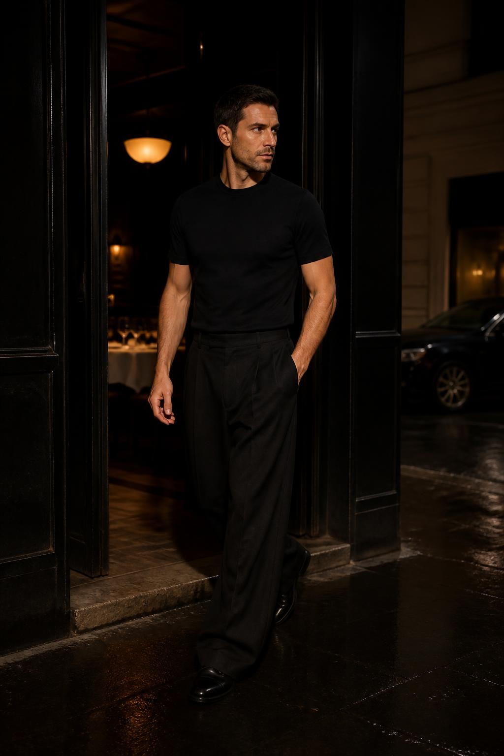 Man in the 001 Wide Trouser leaving a restaurant on a wet city street at night