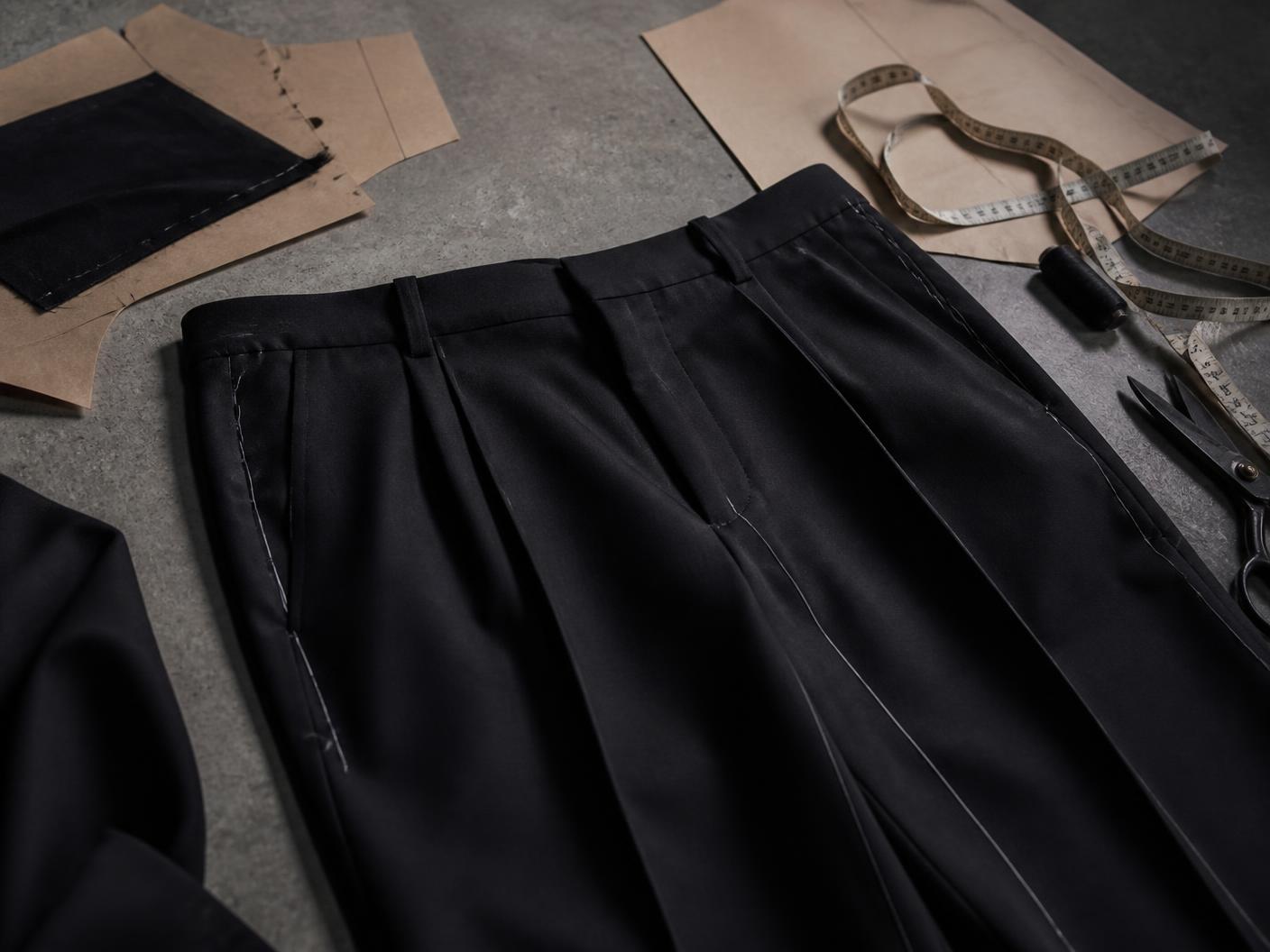 Black trouser prototype, pattern pieces and tools on a concrete worktable