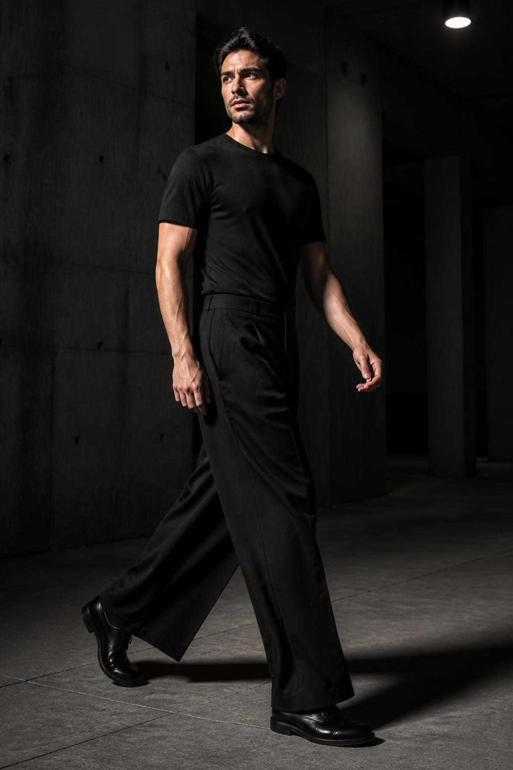 The 001 Wide Trouser in movement mid-stride